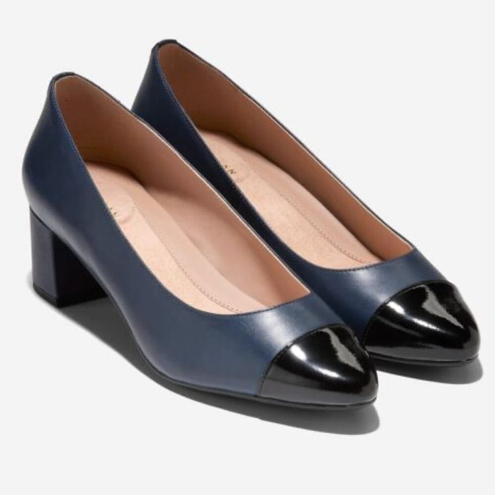 Cole Haan Dawna Grand Navy Leather Block Heel Pumps with Black Patent Cap Toe